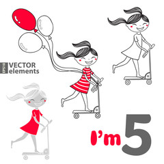 set of Girl on scooter with balloons, I'm five. Vector illustration