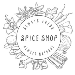 Hand drawn vector spice shop emblem.