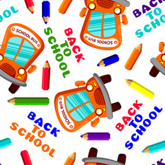 back to school seamless pattern with school bus and pencils. Vector illustration