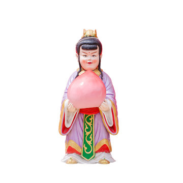 Sculpture China Doll Holging A Peach On White Background