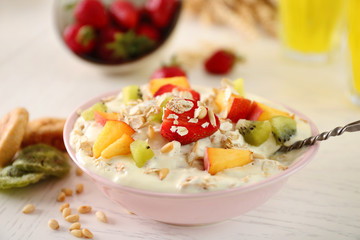 Healthy breakfast with homemade oatmeal, close up