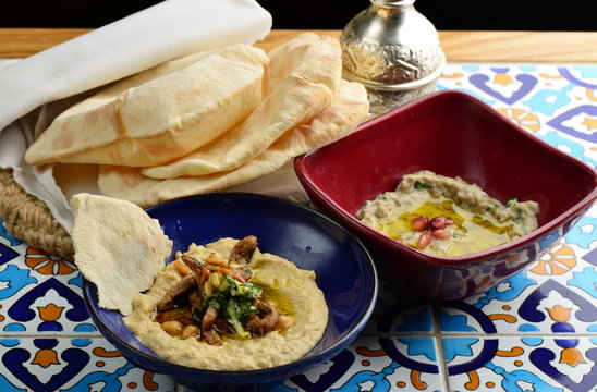 Baba ganoush and Hummus, arabian appetizer from tahini and baked eggplant, excellent dip for meat or separately only to the Arab bread