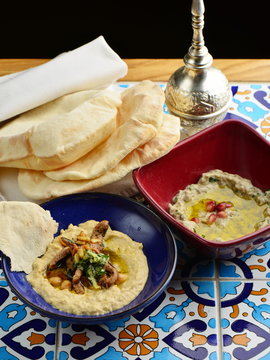 Baba ganoush and Hummus, arabian appetizer from tahini and baked eggplant, excellent dip for meat or separately only to the Arab bread
