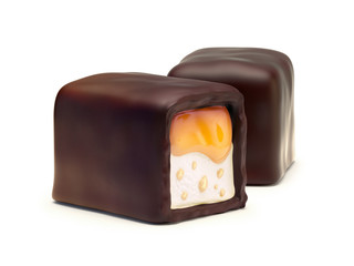 Chocolate candies with caramel filling, nougat and nuts crumb. Isolated on white background.