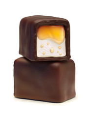 Chocolate candies with caramel filling, nougat and nuts crumb. Isolated on white background.