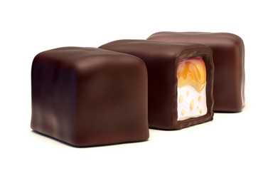 Chocolate candies with caramel filling, nougat and nuts crumb. Isolated on white background.