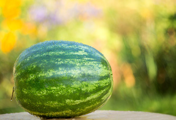Wet ripe watermelon on table
