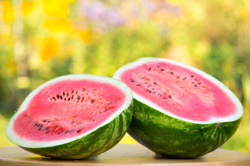 Delicious watermelon slice on table