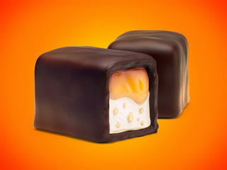 Two chocolate candies with orange jam filling, nougat and nuts crumb. On orange background.