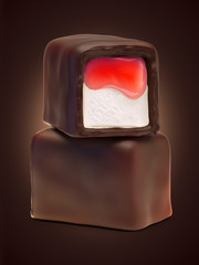 Two chocolate candies with red strawberry jam filling and white nougat. On dark brown background.