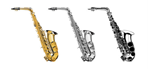 Vector Illustration saxophone isolated object on a white background, three kinds of golden, saxophone in shades of gray and a saxophone in a black contour. Illustration for mounting any illustrations