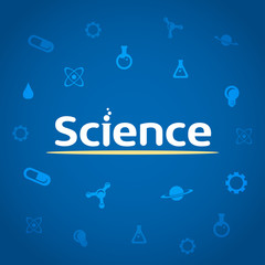 The word Science on dark blue background with science icons. Vector illustration