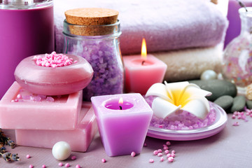 Fototapeta na wymiar Spa treatments on colorful background. Lavender spa concept