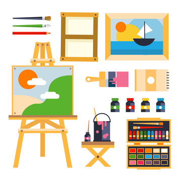 Studio drawing tools to the creative process flat icons set