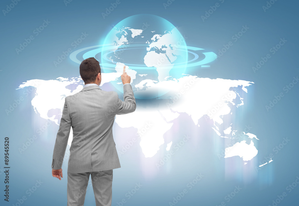 Poster businessman pointing finger to globe projection