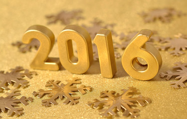 2016 year golden figures and golden snowflakes