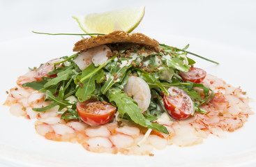 salad greens and shrimp meat 