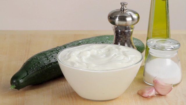 Ingredients for tzatziki (cucumber yogurt, Greece)