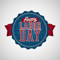 Happy Labor Day Badge Label. Text on a Blue Badge with Stars in the Background.