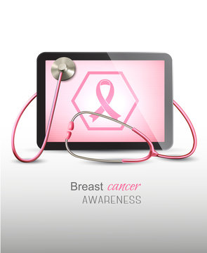 Medical tablet with breast cancer awareness symbol and a stethos