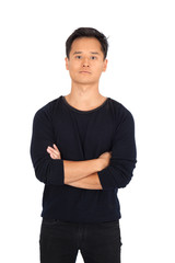 Handsome man doing different expressions in different sets of clothes: arms crossed