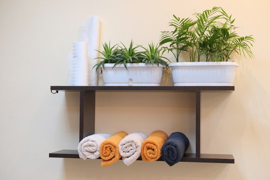 Shelf with towels in a cosmetology office