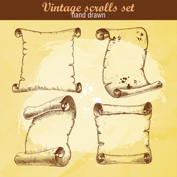 Old scrolls sketch style set on yellow old background