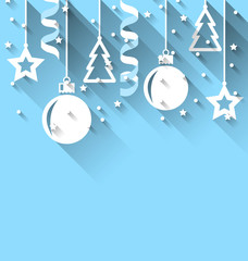 Christmas background with fir, balls, stars, streamer, trendy fl