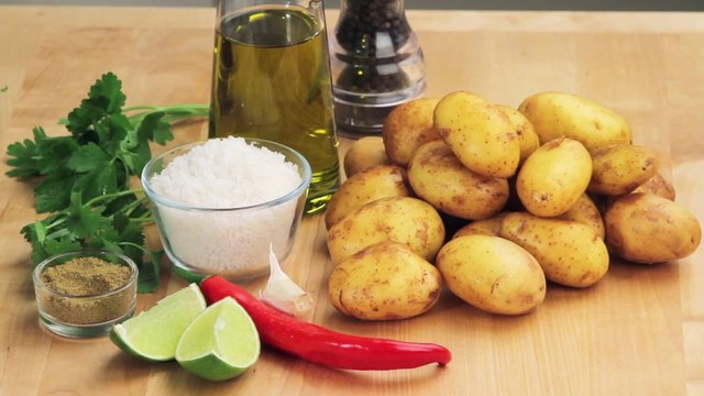 Ingredients for potatoes with a salt crust and a herb sauce