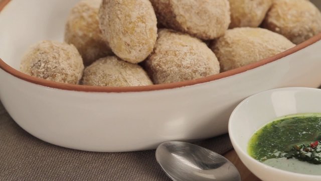 Papas Arrugadas (potatoes with a salt crust, Canary Islands) with mojo sauce