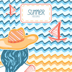 Obraz premium Vector marine card with girl looks at the sea with ships. Cute card in marker art style.