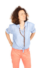 Beautiful woman doing different expressions in different sets of clothes: blinking