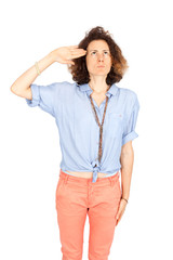 Beautiful woman doing different expressions in different sets of clothes: at attention