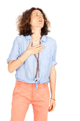 Beautiful woman doing different expressions in different sets of clothes: heart attack