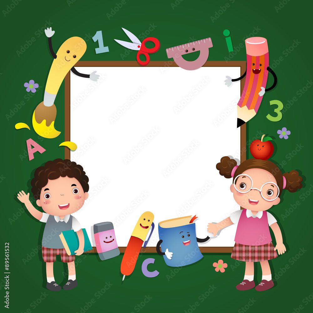 Wall mural Illustration of back to school. School kids with a sign board