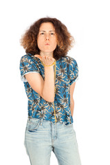 Beautiful woman doing different expressions in different sets of clothes: winking