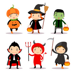 Illustration of cute kids wearing halloween costumes