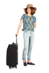 Beautiful woman doing different expressions in different sets of clothes: going to vacations