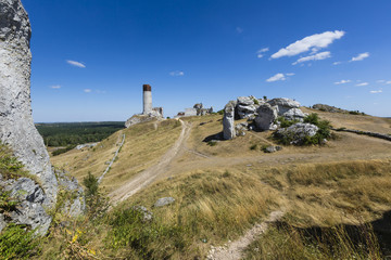 Fototapeta na wymiar White rocks and ruined medieval castle in Olsztyn, Poland