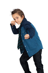 Handsome child doing different expressions in different sets of clothes: boxe