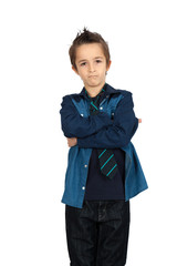 Handsome child doing different expressions in different sets of clothes: arms crossed