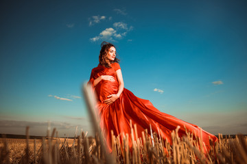 Obraz premium pregnant woman in red at windy sunset field