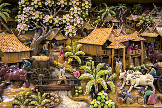 Section of an ancient mural wood carving art from Thailand. 
