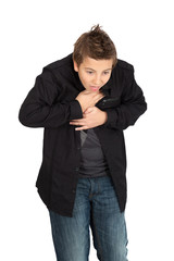 Handsome child doing different expressions in different sets of clothes: heart attack