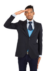 Handsome man doing different expressions in different sets of clothes: at attention