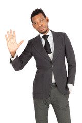 Handsome man doing different expressions in different sets of clothes: waving