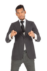 Handsome man doing different expressions in different sets of clothes: gun sign