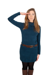 Beautiful woman doing different expressions in different sets of clothes: at attention
