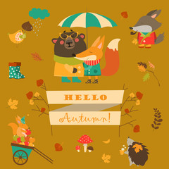 Set of cartoon characters and autumn elements