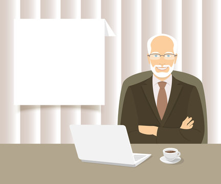 Modern flat stylized vector illustration of smiling experienced friendly looking businessman sitting at the office desk with a laptop and a cup of coffee on it. Business information dialog box